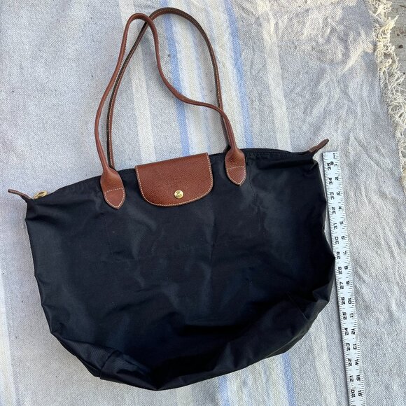 LONGCHAMP "Les Pliages Longchamp Shopping - Made in France" black & leather VGUC - Picture 1 of 15